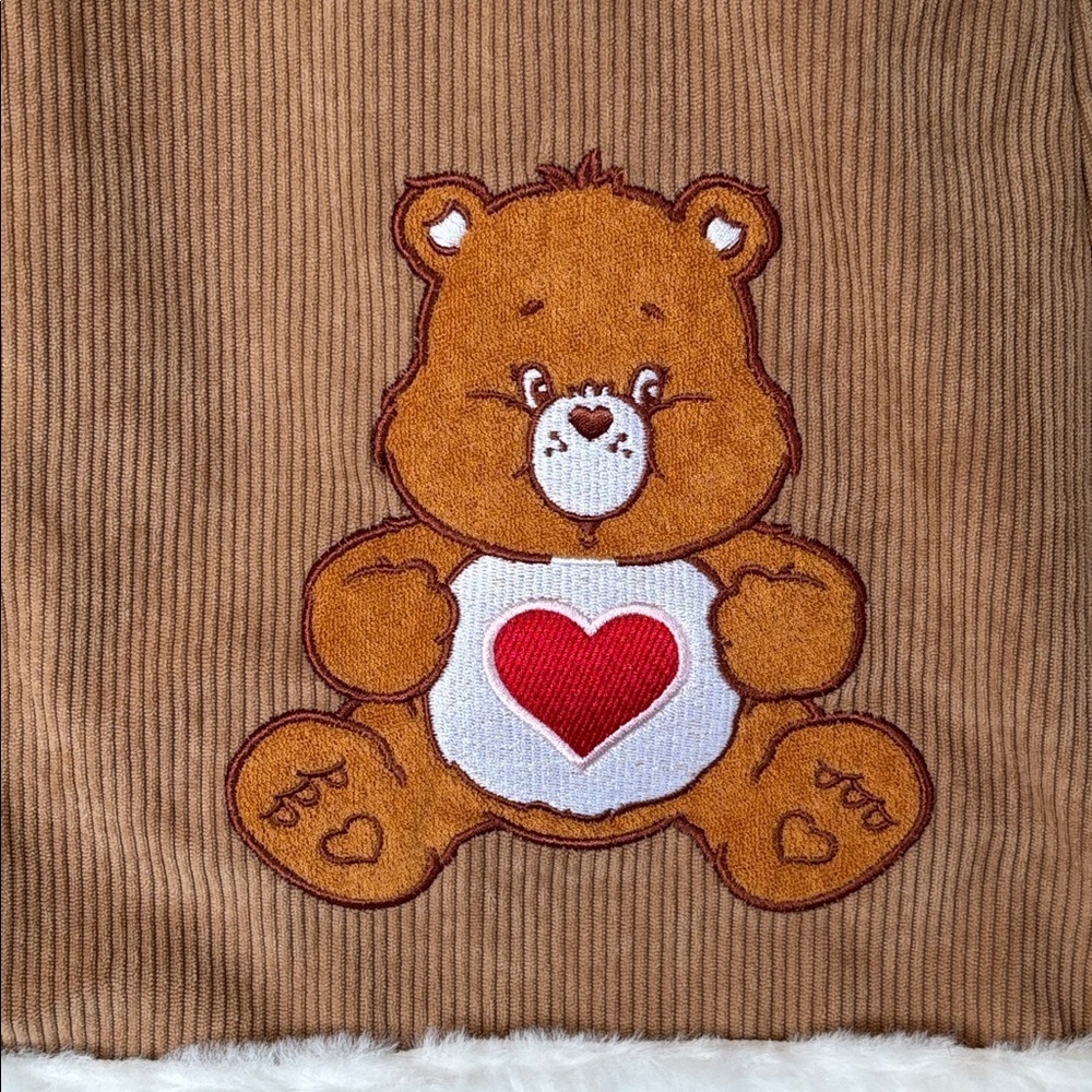 Brand New SHEIN X Care Bears Embroidered Tan Corduroy Mini Skirt Faux Fur Trim - Picture 3 of 15